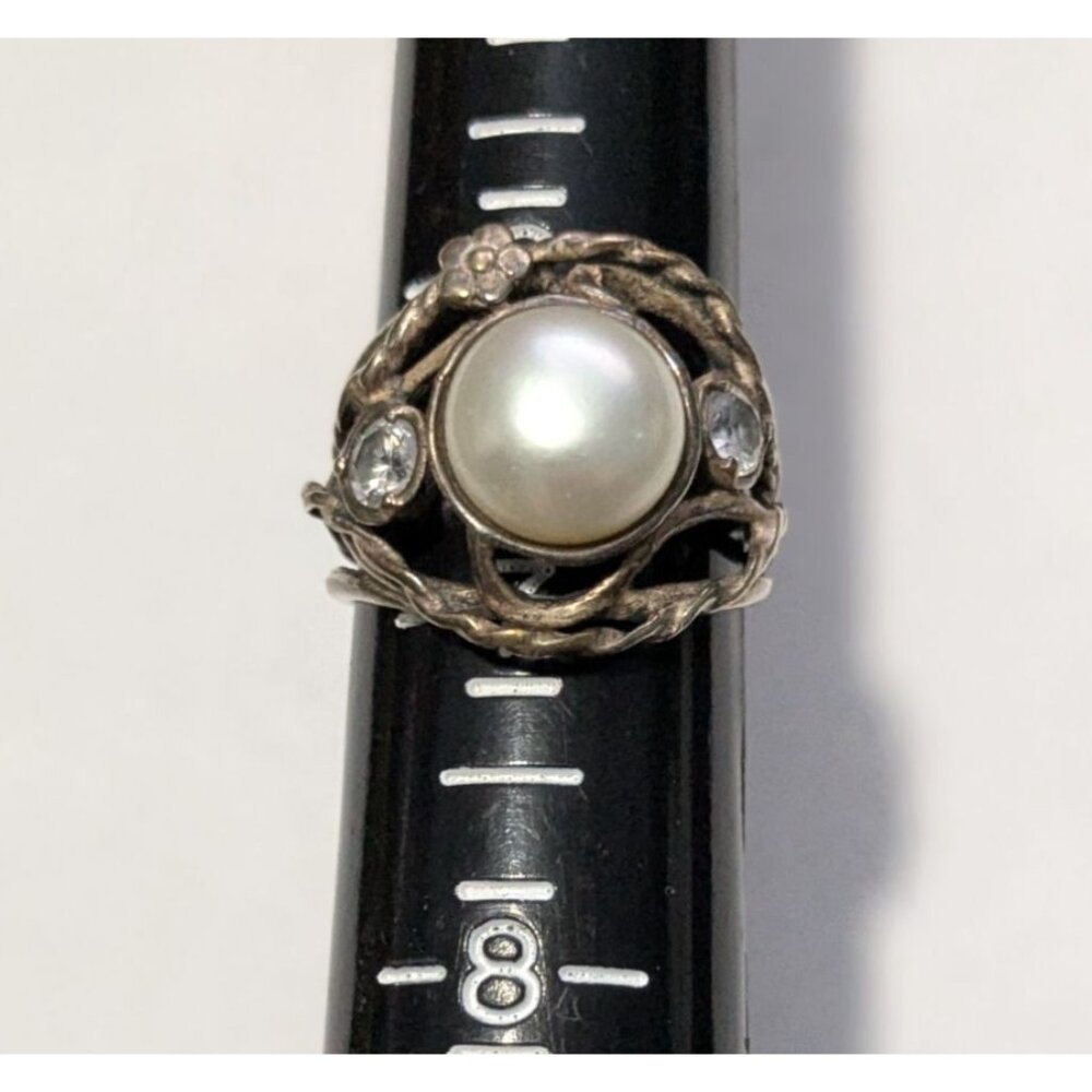 Vintage Didae Israeli Sterling Silver Pearl Crystal Ring Size 6.5